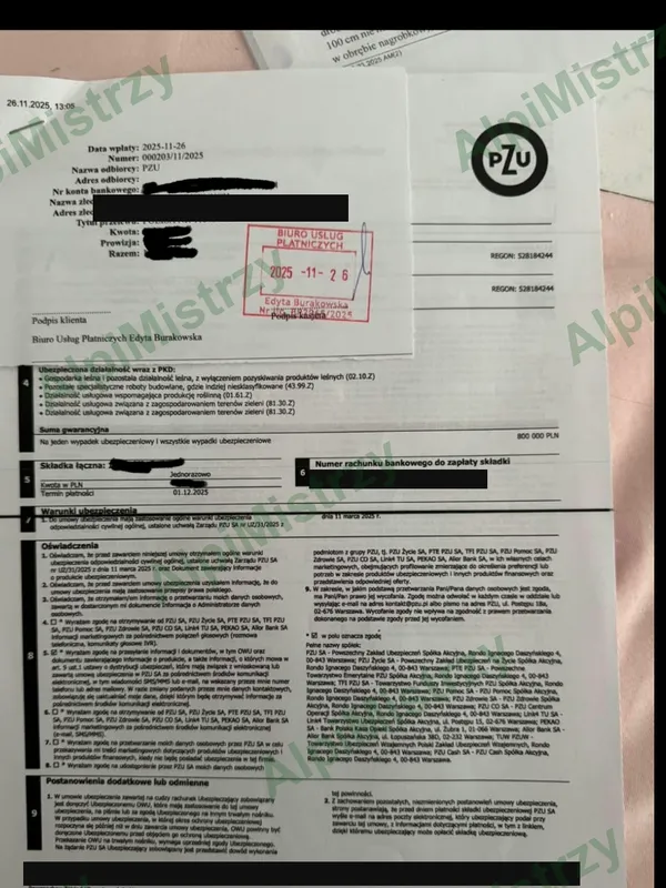 Skan polisy OC PZU AlpiMistrzy z sumą gwarancyjną 800 000 zł (dane wrażliwe zakryte)